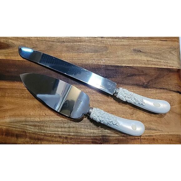Vintage Stainless Steel Wedding Cake Server and Knife Set Rose Rhinestone - Picture 5 of 7